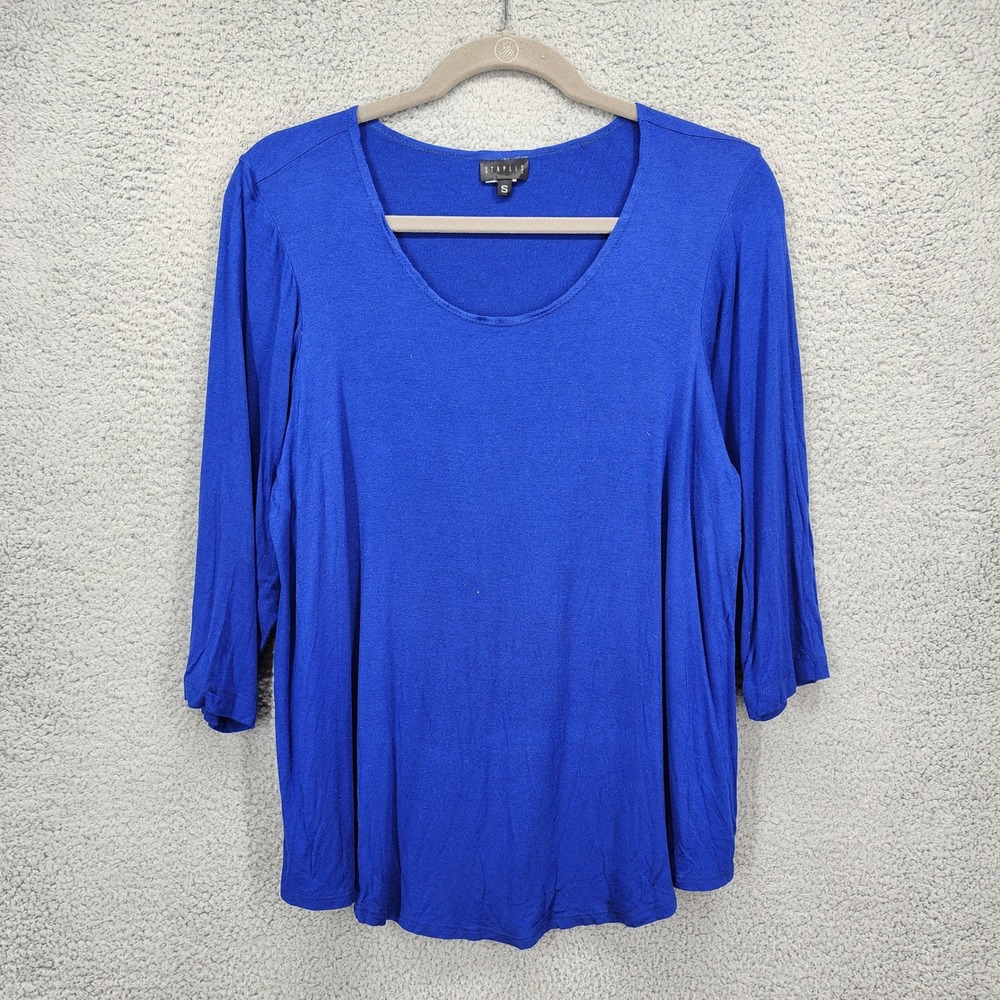 Staples Royal Blue Scoop Neck 3/4 Sleeve Top Viscose Lycra Small Made in USA